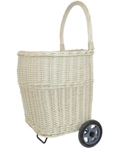 WEECO Großer Einkaufskorb aus Weide mit Rollen 93x50x48cm - Weißer Transporttrolley für Markt & Kaminholz