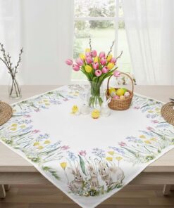 KAMACA Frühling & Ostern Tischdecke – Oster Tischdekoration mit Hasen & Blumen, bunt Bedruckt – Mittelgröße für Küche, E