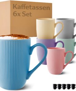 Cosumy Modern Bunte Kaffeetassen 6er Set - Einzigartiges Streifenmuster & Komfortabler Griff - 350ml Mikrowellen- und Sp