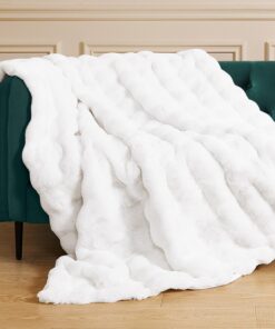 Kuscheldecke Flauschige Plüschdecke Weiß für Wohnzimmer | Flauschige Bubble Decke Sofadecke Fleecedecke | Kuschelig Plü