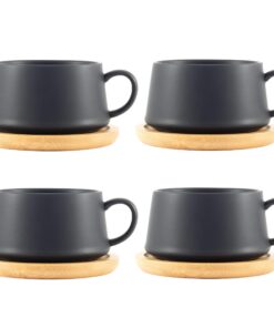 Große Kaffeebecher Set 6x360ml aus massiver Keramik | Große Henkel | Spülmaschinenfest für Kaffee & Tee (Schwarz mit Unt