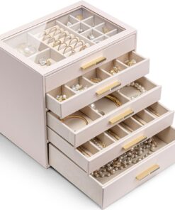 Vlando Schmuckschatulle für Damen und Mädchen - 5 Schubladen, Glasdeckel, Aufbewahrung für Edelsteine und Diamanten