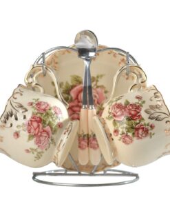 Yolife Englisches Elfenbein-Teetassen- und Untertassen-Set fürVintage-Bedingungen, Keramik-Teeservice-Set mit Rosa Rosen