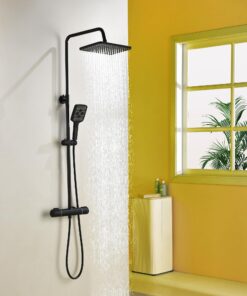 Duschsystem mit Thermostat und 3 Strahlarten für Duscharmatur, quadratisch, 88-125cm Duschstange, Regendusche und Uberko