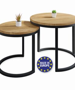 Modena Coffee Table Set 2er Einsatz mit Massivholz Eiche und Stahl - Handgefertigt in Europa - Schwarz - Rund - Ø50x43 c