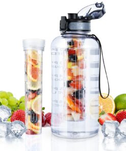 UTEBIT Große Trinkflasche 2L mit Fruchteinsatz für Sportlady Wiederverwendbar mit Zeitmarkierung BPA-Frei Tritan Flasche