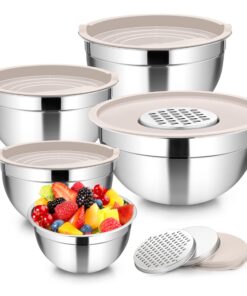 Homikit Rührschüssel 5er Set, Edelstahl, Khaki - Spülmaschinenfest, Luftdichtes Deckel & 3 Reibenaufsätze, 4,6L/2,8L/1,6