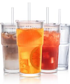 INSETLAN 4 Stück 600ml Gerippte Glasbecher Carbonfree Certified - robust, luftdicht und ideales Kaffee-Glas für jeden Ta