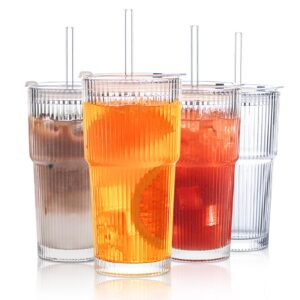 INSETLAN 4 Stück 600ml Gerippte Glasbecher Carbonfree Certified - robust, luftdicht und ideales Kaffee-Glas für jeden Ta