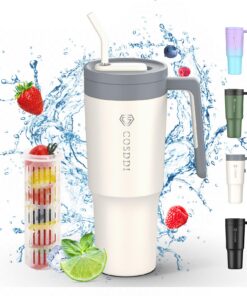 CS COSDDI Thermobecher mit Strohhalm für Autofahrer 40oz Doppelwandiger Edelstahl Becher Isolierung gegen(scale) Mit Gri