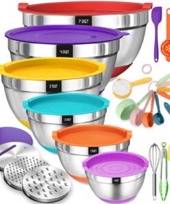 Terlulu Rührschüssel 6er Set, Edelstahl, bunt - Salatschüssel mit Luftdichtem Deckel & Silikonboden, 3 Reibenaufsätze, 6