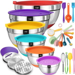 Terlulu Rührschüssel 6er Set, Edelstahl, bunt - Salatschüssel mit Luftdichtem Deckel & Silikonboden, 3 Reibenaufsätze, 6
