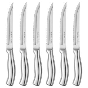 Ruffulon Vollständig Edelstahl Steakmesser Set 6-teilig, scharfe Spülmaschinenfest Steakschneiderei, Silbern wellenschli