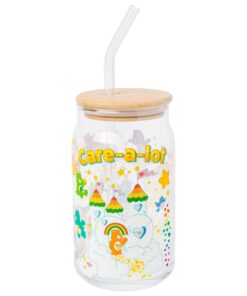 Silberner Buffalo Care Bears Glas mit Bambusdeckel und Glasstrohhalm, 473 ml