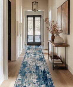 Rutschfestes Teppichläufer Set für Küche und Wohnzimmer, Waschbar, Faltbar - 60 x 180 cm, Graublau, OEKO-TEX STANDARD 1