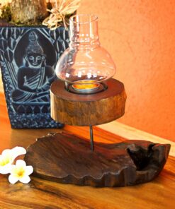 Teak Wurzelholz Windlicht 26cm - rustikalere Tischdekoration mit Glas - Aushellendes Teelicht für den Garten