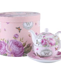 London Boutique Teekannen porzellanes Geschenkkombo Tasse und Untertasse Rosa Schmetterlingsrose 15x15cm
