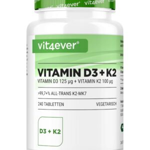 Vitamin D3 + K2 Premium 99,7% All-Trans K2VITAL® - 240 Tabletten - 5000 I.E. Vitamin D3 pro Tablette - Laborgeprüft