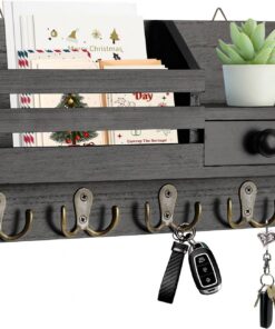 Schlüsselbrett Holz mit 4 Doppelhaken & Schublade - Multifunktional für Flur & Eingangsbereich - Schwarz