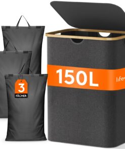 Lifewit Großes Wäschetonne mit Deckel, Lebensmittelsortierer 3 Fächer, Dunkelgrau Recycled Claim Standard 150L for Wäsch