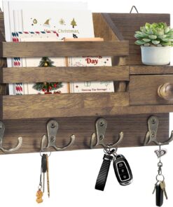 Irayin Holz Schlüsselbrett Multifunktional für Eingangsbereich - 4 Doppelhaken, Aufbewahrungsschublade, Braun