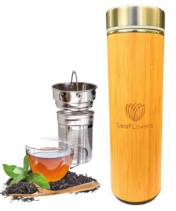 Leaf Lovers Thermosflasche - Doppelwandig Edelstahl - 500ml - für Tee und Kaffee - mit Sieb - Bambusconstruction - zu Ha