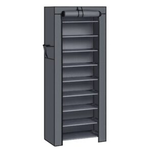 SONGMICS 10-Stufiges Schuhregal, Metallgestell, grau, für High Heels und Sportschuhe, staubdichter Überzug, Schuh-Organi