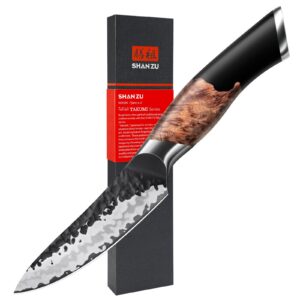 Handgeschmiedetes Japanisches Obstmesser Shan Zü 7 Schichten Hochwertigem Carbon Stahl 9 cm Gemüsemesser Ahornholzgriff