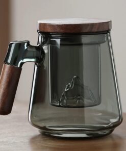 JanYoo Glas Teetasse mit Deckel und Sieb für Teeliebhaber Groß 500ml Teebecher Borosilikat Glas Tasse mit Holzgriff (Bla
