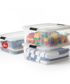 Iris Ohyama Aufbewahrungsboxen NTB-30, BPA-freies Plastik, 30L, 3er-Set, Transparent, Sicherer Verschluss, Schlafzimmer,