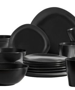MÄSER 931730 Serie Glendale Geschirr Set für 4 Personen moderner asymmetrischer Nierenform, seidenmattem Schwarz Steinze