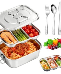Edelstahl Bento Box mit Fächern und Besteck - Lunchbox für Snacks Salat Obst Mahlzeiten