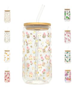 Generic Glas Becher mit Deckel und Strohhalm + Trinkglas + Geschenk (Bunny) Generic Glas Becher 500ml (16oz) + Trinkgl