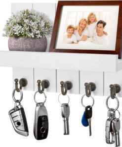 Schlüsselbrett Holz mit 5 Haken und Ablage – Dekoratives Wandregal für Flur & Eingang, Weiß