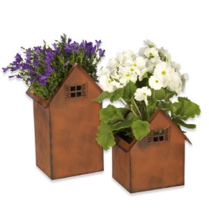 Hoberg Blumentöpfe in Rostoptik - 2er Set | Wetterbeständige eckige Pflanzkübel im Häuser-Design für Garten, Balkon & Ei