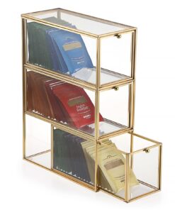 SUMTree Glas Teebeutel Organizer mit 3 Schubladen GoldVintage für Küche und BüroBehälter für Tee, Espresso, Zucker, Kaff