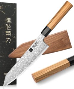 XINZUO Kochmesser Damaststahl Kiritsuke, 21,5cm Gyuto Stahl-kochend-schärfer-handschnell-olivenholz-black-buffalo horn-E