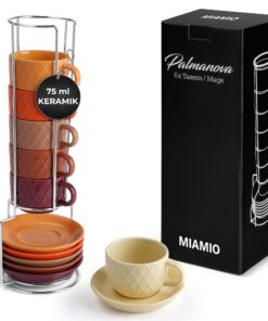 MIAMIO 6 x 75 ml Espresso Tassen mit Ständer Steingut Keramik für Coffee-Lovers im Hausgebrauch - Palmanova Kollektion (