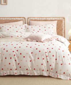 Lanqinglv Rüschen Bettwäsche 135x200 Rosa Rot Herzen | ÖKO-TEX Bettwäsche für Allergiker | Romantisch mit Reißverschluss