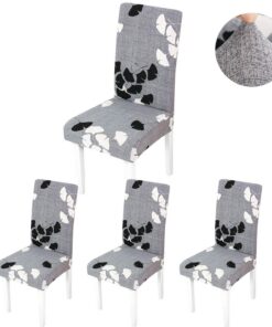 Stuhlhussen 4er Set, Stretch Bezug für Esszimmer, Moderne Elastische Hussen (Grau-Ahornblatt, 4 Stück)
