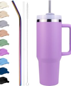 Disoza Thermobecher To Go Kaffeebecher Violett mit Strohhalm und Deckel