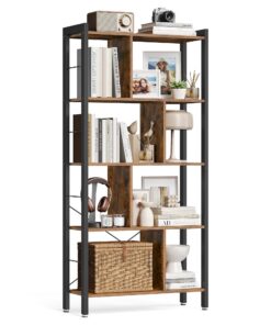 VASAGLE Bücherregal mit 5 Ebenen für Büro und Haus, großes Metallgestell in vintagebraun-tintenschwarz, ideal für Büro u