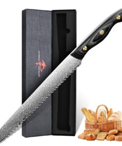 Purple Dragon Damast Brotmesser VG10 Kern - Tomatenmesser mit Holzgriff für Sauerteigbrot - Geschenk für Männer und Frau