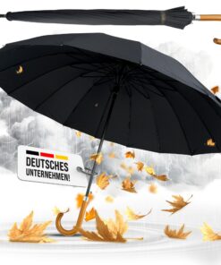 La Farrell Regenschirm XXL, Sturmfest, groß, für 2 Personen, Holzgriff, 16 Rippen, schwarz, mit Umhängetasche, Geschenke