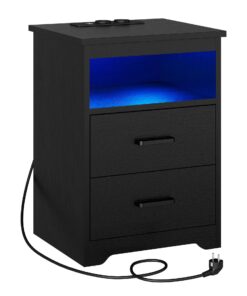 Nachttisch mit LED-Beleuchtung und Ladestation für Schlafzimmer | Nachtschrank mit USB-Anschlüssen und 2 Schubladen für