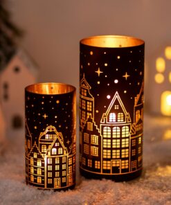 Glasseam Windlicht Glas Kerzengläser 2er Set Schwarz Gold für Tischdeko Wohnzimmer Outdoor