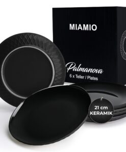 MIAMIOMenschliches Geschirrset aus Keramik für 6 Personen - moderne Palmanova Kollektion (Schwarz, Kleine Teller)