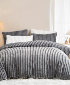 Lanqinglv Flauschig Kunstfell Bettwäsche Dunkelgrau Warme Winterbettwäsche OEKO-TEX Standard 100 Reißverschluss 155x220c