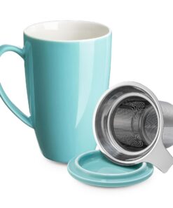 Porzellan Teetasse Mit Deckel Und Sieb Für Damen In Türkis, 450ml Groß Formats Zum Tee/Kaffee/Milch-Trinken Im Büro Und