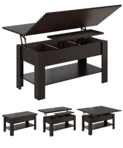 Höhenverstellbarer Couchtisch Schwarzbraun, 3-in-1 Multifunktions-Tisch, Versteckter Aufbewahrung, Offenes Fach, Wohnzim